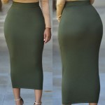Autumn solid color elastic waist bag hip tight skirt mid length skirt