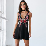 Vintage Embroidery sexy deep V dress A-shaped small skirt