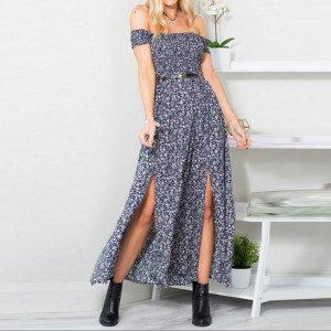 Summer new European and American sexy chest wrapped printed split dress