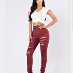 Fashion hole red brick hot selling color elastic small leg jeans