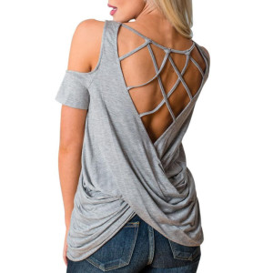 New short sleeve back hollowed out T-shirt for women