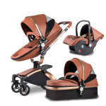 Baby stroller can sit and lie on leather two-way high landscape stroller, 360 degree rotation newborn BB car can be fold