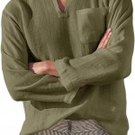 Long sleeved V-neck casual beach linen loose shirt