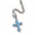 3mm24inch Blue Zircon Cross Necklace hip hop