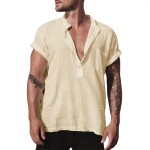 Linen stand collar solid pocket short sleeve shirt