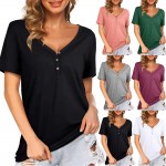 V-neck button dovetail solid T-shirt