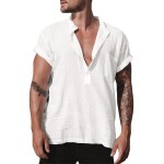 Linen stand collar solid pocket short sleeve shirt