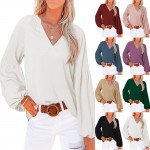 European and American Lantern Sleeve loose long sleeve V-neck T-shirt