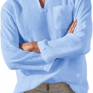 Long sleeved V-neck casual beach linen loose shirt