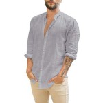Linen cardigan solid color casual stand collar long sleeved shirt