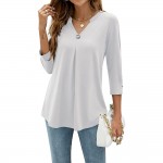 3/4 sleeve V-neck button pleated T-shirt