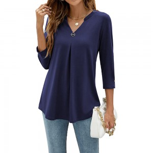 3/4 sleeve V-neck button pleated T-shirt