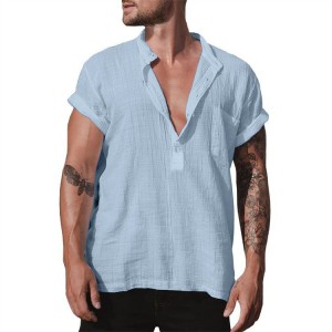 Linen stand collar solid pocket short sleeve shirt