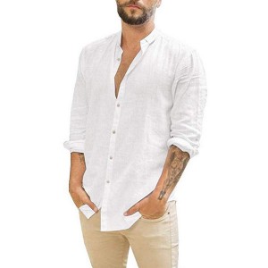 Linen cardigan solid color casual stand collar long sleeved shirt