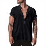 Linen stand collar solid pocket short sleeve shirt