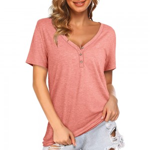 V-neck button dovetail solid T-shirt